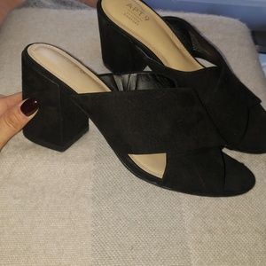 Black suede like mule with chunky heel